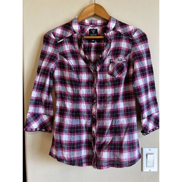 Guess Western Y2K Style Pink Black Plaid Women’s Ruffled Button Up Medium - Picture 1 of 7